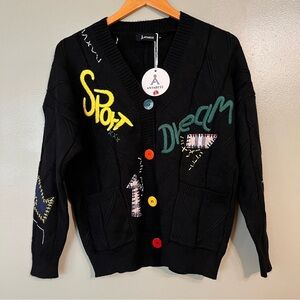 Anrabes Womens Black Knit Button Up Embroidered Patch Work Cardigan S NWT